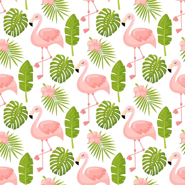 Vector beautiful seamless vector floral summer pattern background with tropical palm leaves flamingo