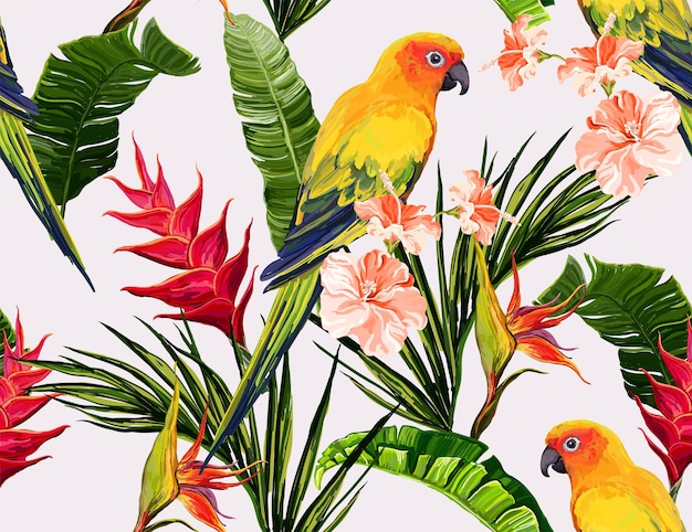 Beautiful seamless vector floral summer pattern background with tropical palm leaves, parrot ara, heliconia, bird of paradise, hibiscus. Perfect for wallpapers, web page backgrounds, surface textures,