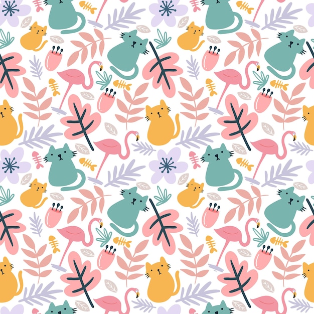 Beautiful seamless vector pattern with cute animals and leaf on the background