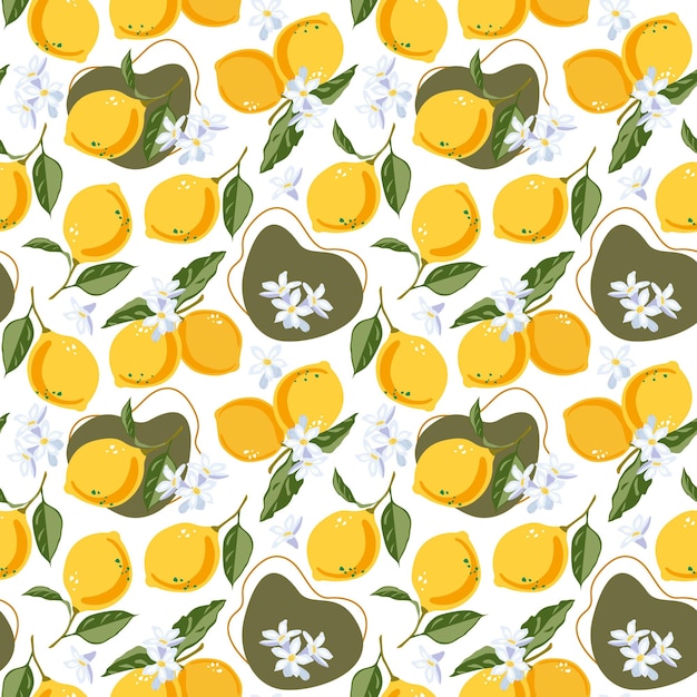 Beautiful seamless vector pattern with lemons and leaves Abstract texture