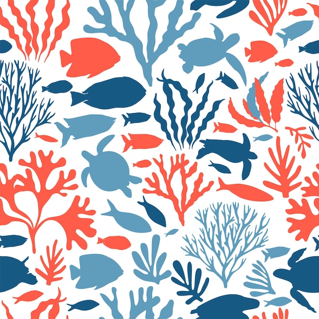 Beautiful seamless vector tropical pattern with corals seaweed and fish perfect for wallpapers web p