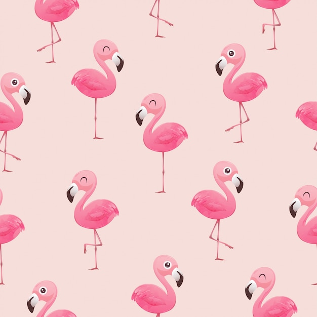 Beautiful seamless vector tropical pattern with pink flamingos 