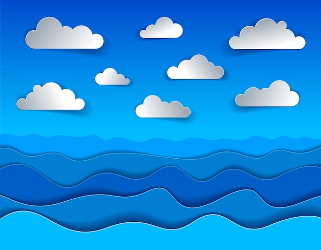 Beautiful seascape in paper cut style, curvy lines of waves and clouds in the sky, perfect modern vector illustration.