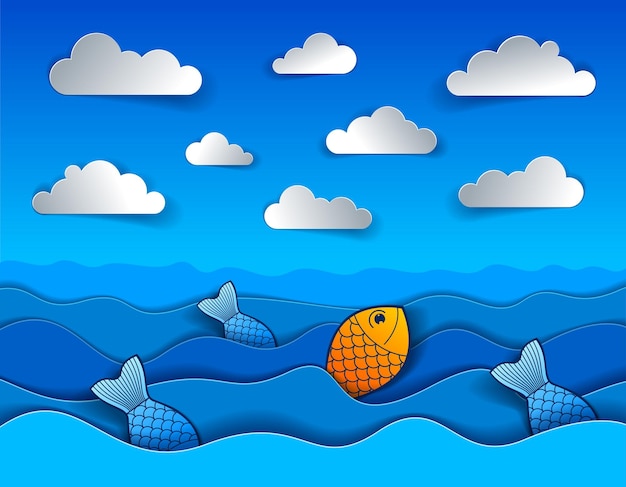 Beautiful seascape with funny cartoon fishes in paper cut style, curvy lines of waves and clouds in the sky, perfect modern vector illustration.