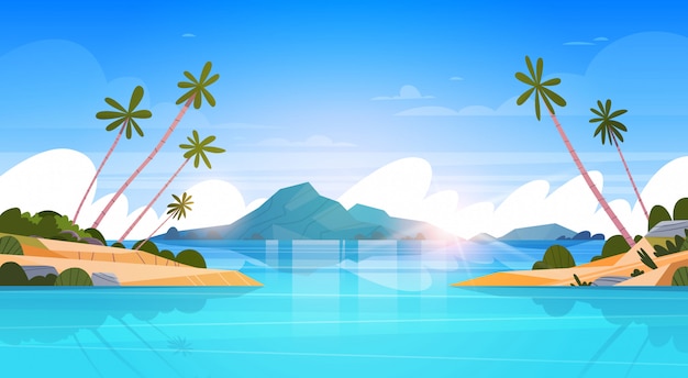 Beautiful Seaside Landscape Summer Beach With Mountains, Blue Water And Palm Trees