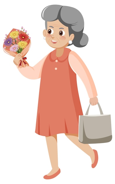 Vector beautiful senior woman holding bouquet