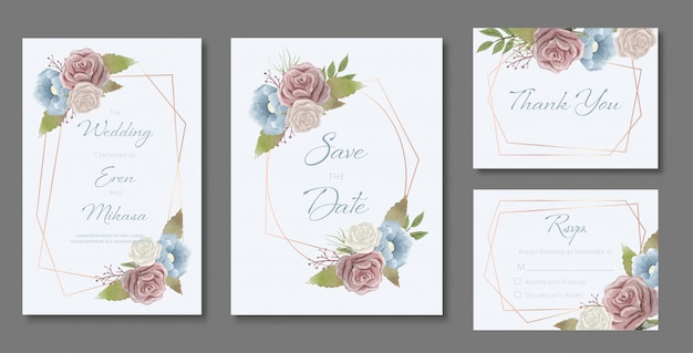 Beautiful set of wedding card templates. Decorated with roses and wild leaves in vintage style.