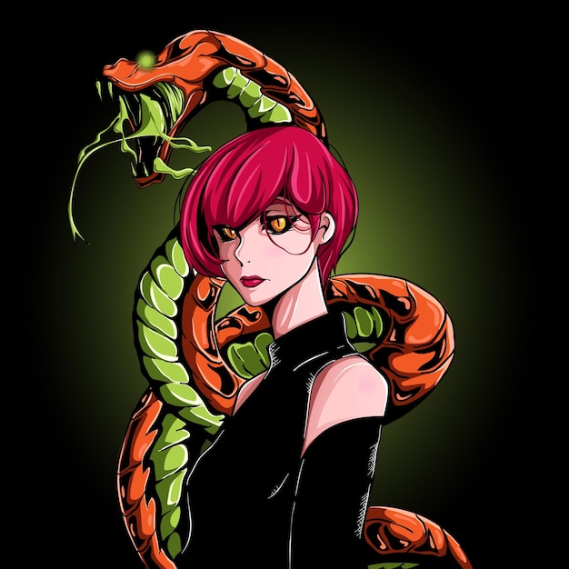 beautiful short haired witch gothic girl with snake behind