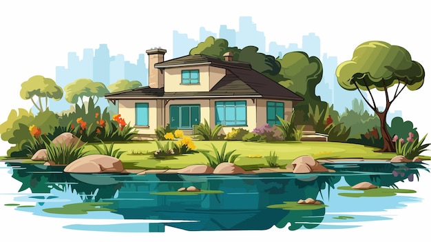 Vector beautiful single house with garden and pond vector illustration