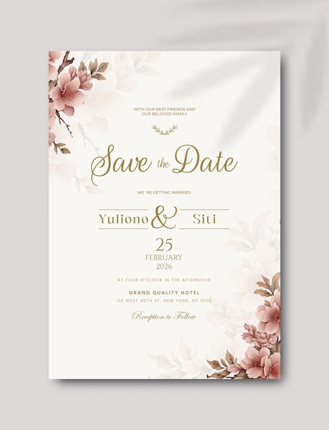 Beautiful single wedding invitation with floral watercolor premium vector