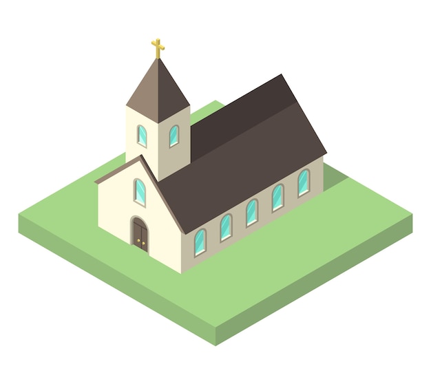 Beautiful small isometric church on green ground isolated on white. Christianity, religion and faith concept. Flat design. EPS 8 vector illustration, no transparency