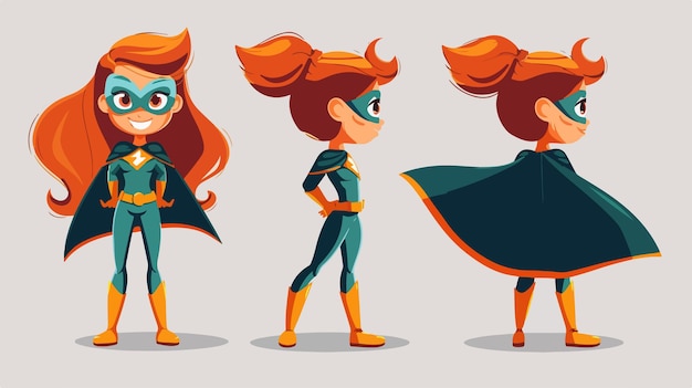 Vector beautiful smiling redhead girl superhero or supergirl in action poses