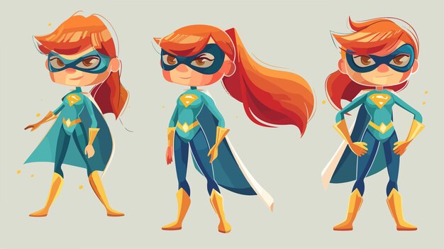 Vector beautiful smiling redhead girl superhero or supergirl in action poses