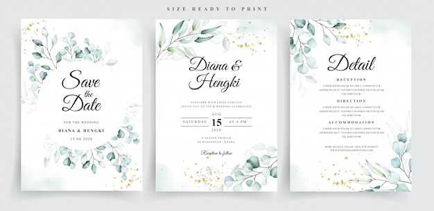 Beautiful soft eucalyptus watercolor wedding card template