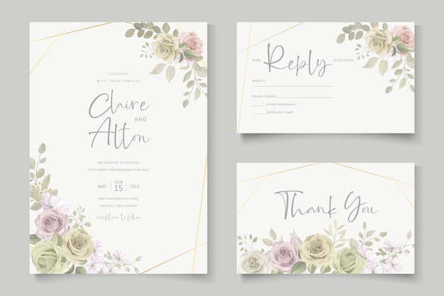 Beautiful soft floral and leaves wedding invitation card design