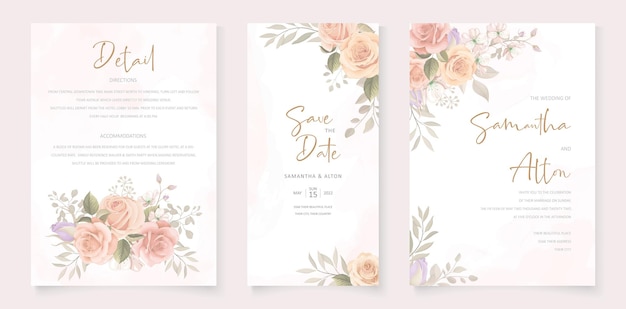 Beautiful soft floral and leaves wedding invitation card design