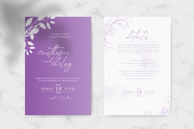 Beautiful soft purple wedding invitation with flower watercolor