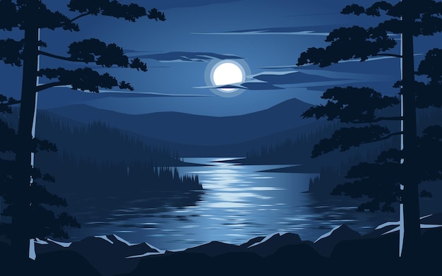 Beautiful soothing night scene landscape with river and moonlight