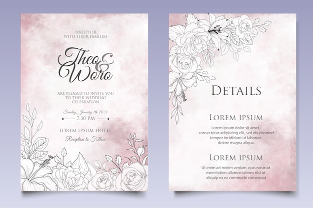 Beautiful splash and floral lineart wedding card template