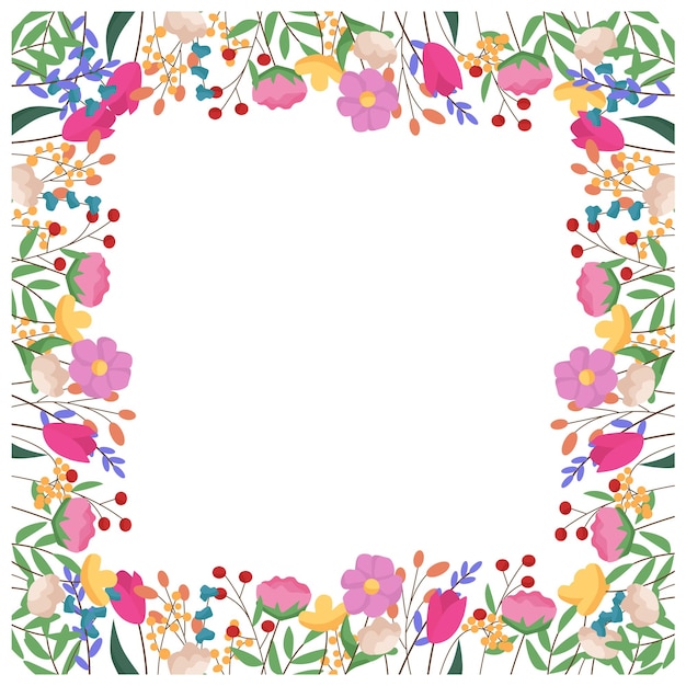 Beautiful spring frame with flowers Vector cartoon illustration