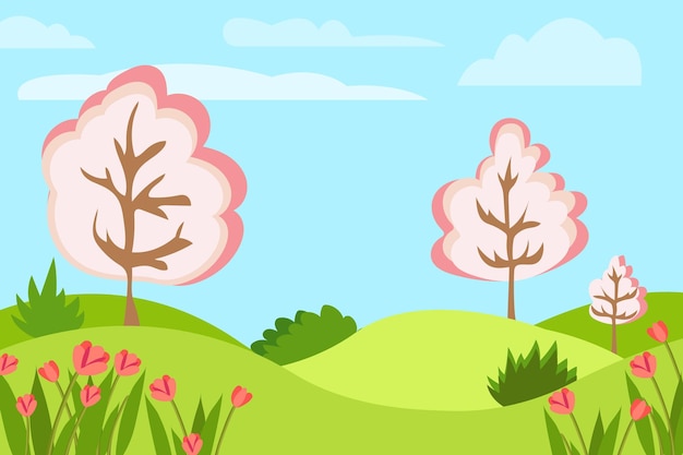 Beautiful spring scenery landscape green sunny natural background with copy space for text with plants leaves flowers