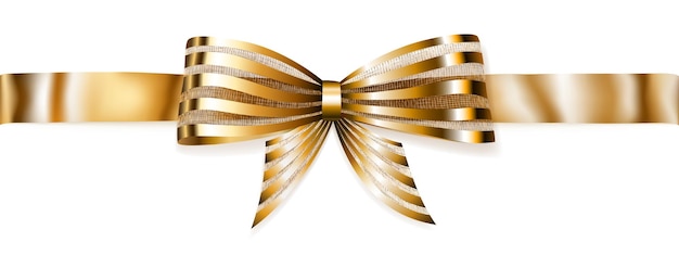 Beautiful striped golden shiny bow with horizontal ribbon with shadow