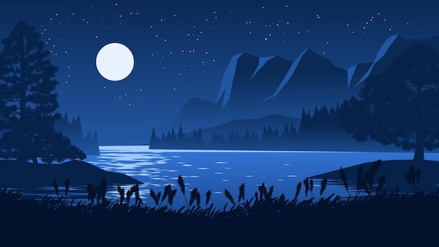 Beautiful summer night landscape with lake hills moon and stars