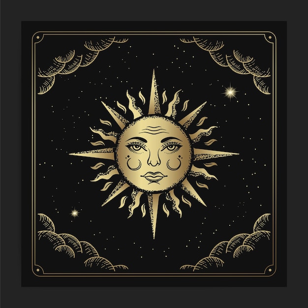 Beautiful sun face in luxurious engraving hand drawn style