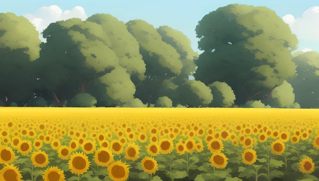 Beautiful Sunflower Field During The Day with Trees Detailed Hand Drawn Painting Illustration