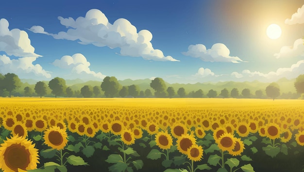 Beautiful Sunflower Field During The Day with Trees Detailed Hand Drawn Painting Illustration