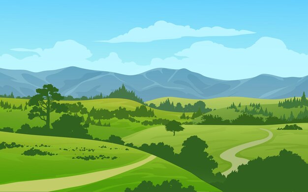 Vector beautiful sunny day landscape in countryside with mountain forest and meadow