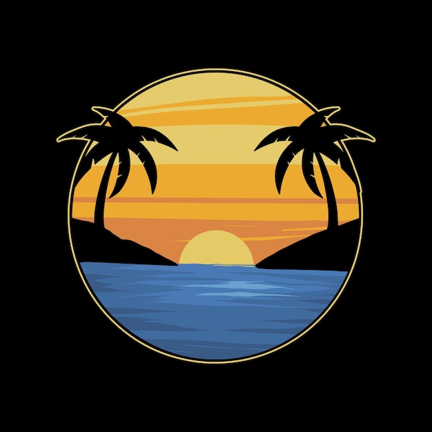 Beautiful sunset by the sea with palm trees for t shirt design and print