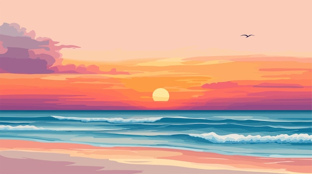 Vector beautiful sunset on idyllic beach tranquil scene at dusk