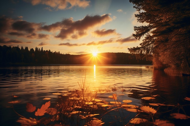 Vector a beautiful sunset over a lake with a lake and trees in the background