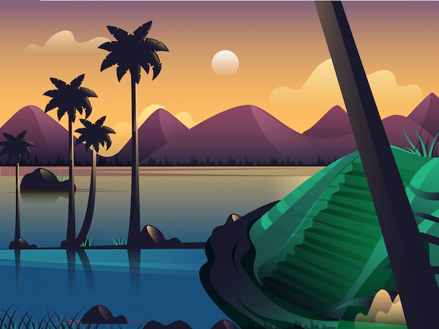 Beautiful sunset nature landscape beach illustration.