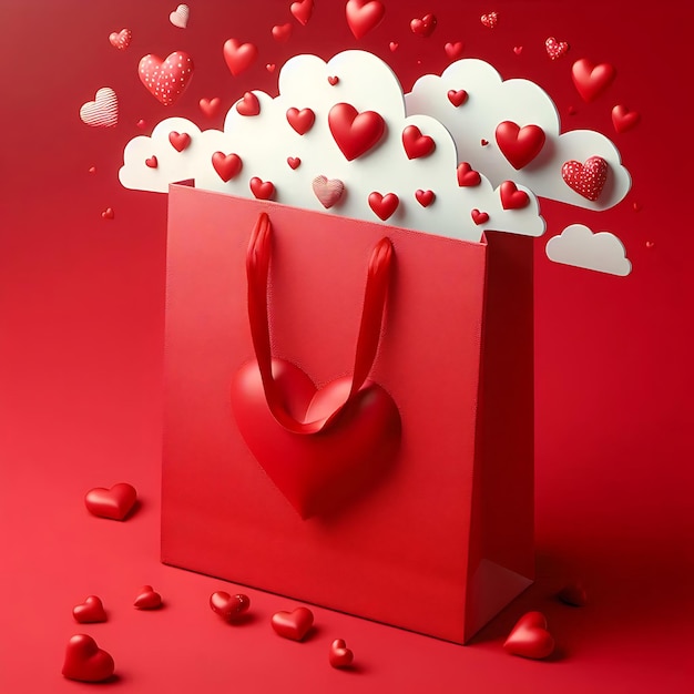 Beautiful surprise present bag with a symbol of love heart Wonderful red gift with a card inside