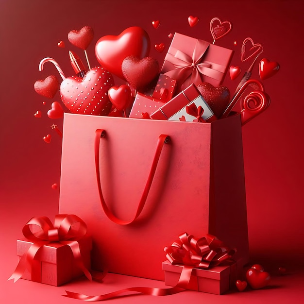 Beautiful surprise present bag with a symbol of love heart Wonderful red gift with a card inside