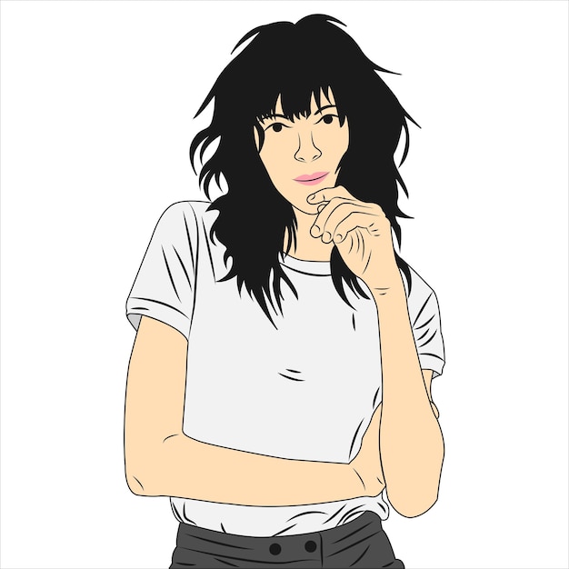 Beautiful teenage girl character with messy hair in flat cartoon style