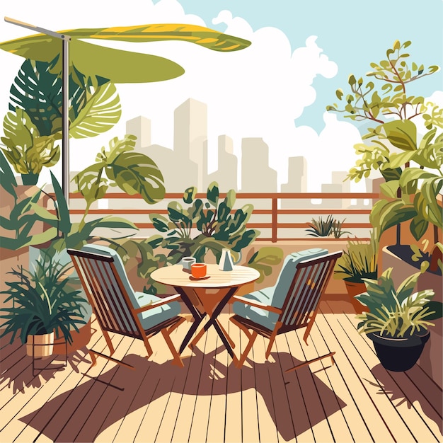 Vector beautiful terrace balcony garden with lush plants and stylish furniture