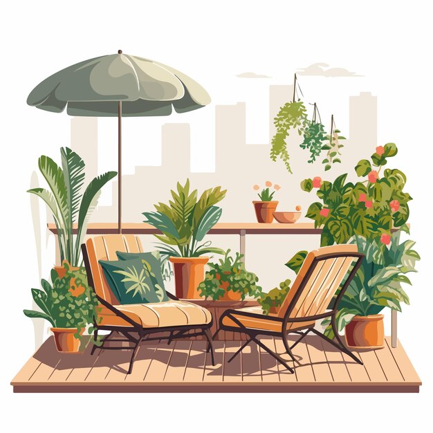 Vector beautiful terrace balcony garden with lush plants and stylish furniture