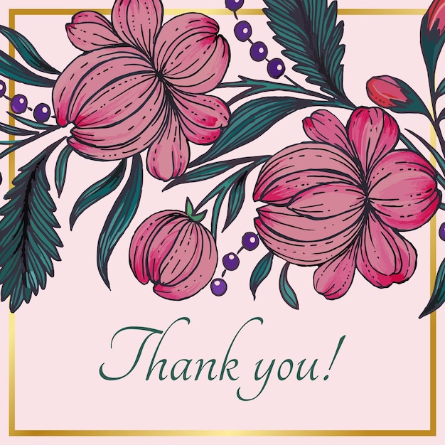 Beautiful thank you card with composition of hand drawn flowers and golden frame floral frame card