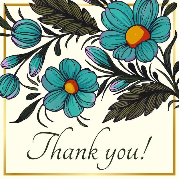 Beautiful thank you card with composition of hand drawn flowers and golden frame floral frame card