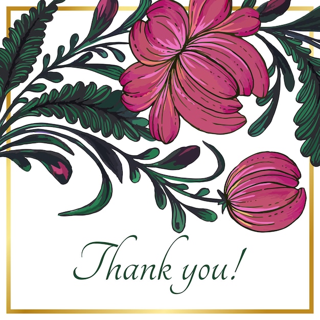 Beautiful thank you card with composition of hand drawn flowers and golden frame