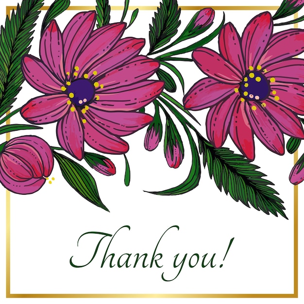 Beautiful thank you card with composition of hand drawn flowers and golden frame