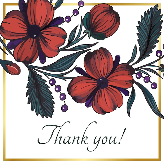 Beautiful thank you card with composition of hand drawn ukrainian flowers and golden frame