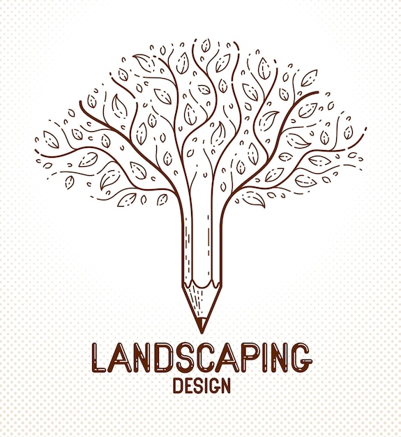 Beautiful tree with pencil combined into a symbol, landscaping design vector classic style logo or icon. Creativity concept, art and design allegory.