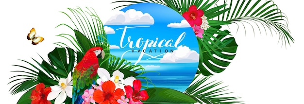 Beautiful tropical banner with flowersbutterflyparrot and palm leaves and sea background