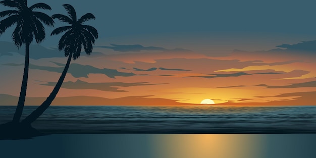 Beautiful tropical beach landscape with coconut trees in silhouette