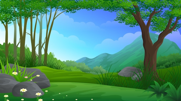 Beautiful tropical forest or hill with green grass, trees and mountain cartoon illustration