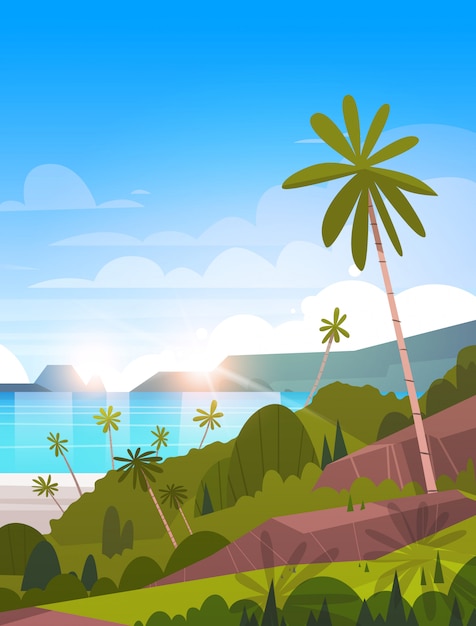 Beautiful Tropical Landscape Summer Seaside Beach With Palm Tree Exotic Resort illustration